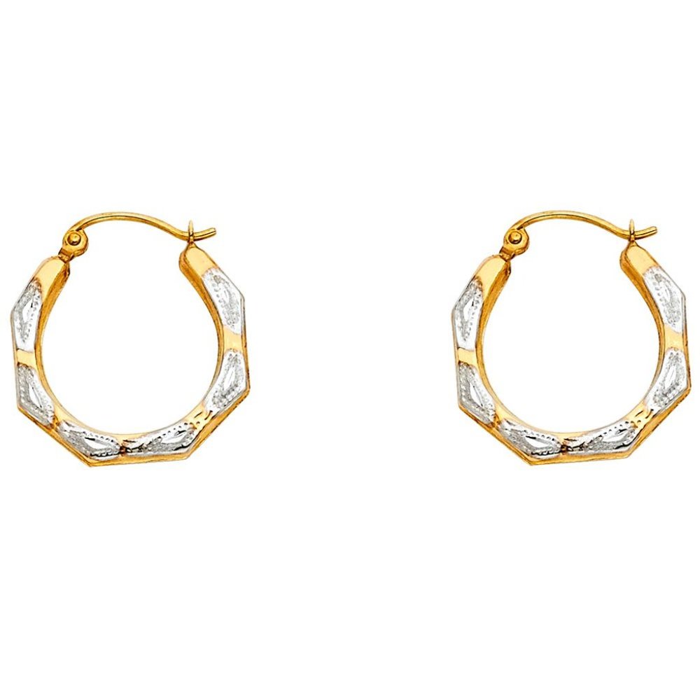 14KT Gold Two Toned Fancy Hollow Hoop Earrings